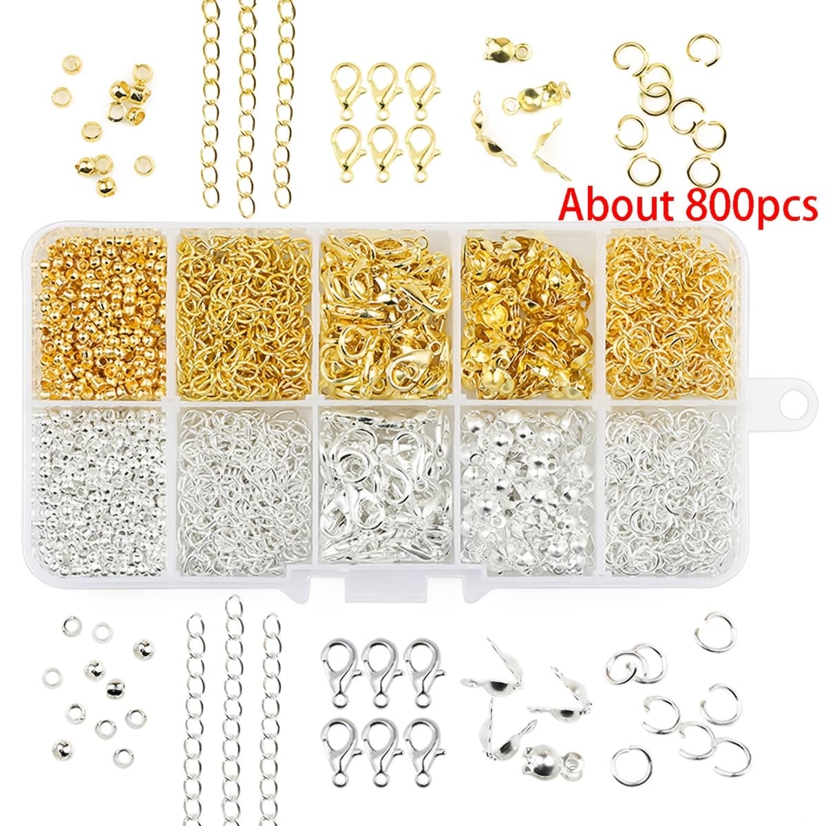 TEMU Golden Silvery Matching Handmade Earring Additions Material Pack Jewelry Small Additions Necklace Beads Pliers Lobster Clasps Set Each Style 5g Pack Total About 800pcs