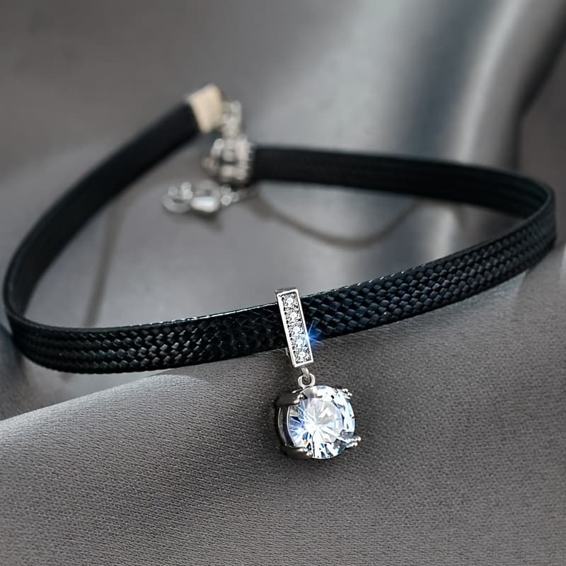 TEMU 1pc Crystal Zirconia Pendant Choker Neck Strap Leather Rope Necklace Ladies Clavicle Chain Neck Chain Jewelry