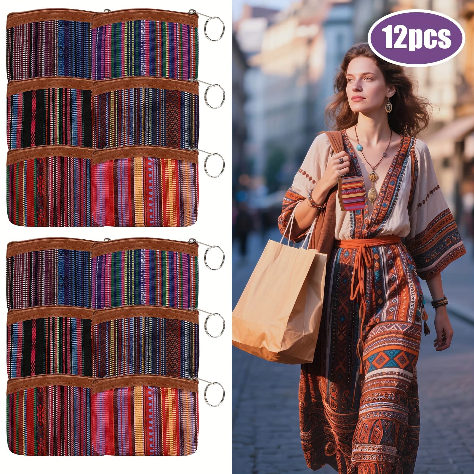 TEMU 12pcs Ethnic Style Bohemian Wallets, Mini Vintage Striped Handbag, Portable Coin Purse Clutch, Lightweight Novelty Purse, Multifunctional Purse For Christmas, Valentine's, Or Carnival Gifts