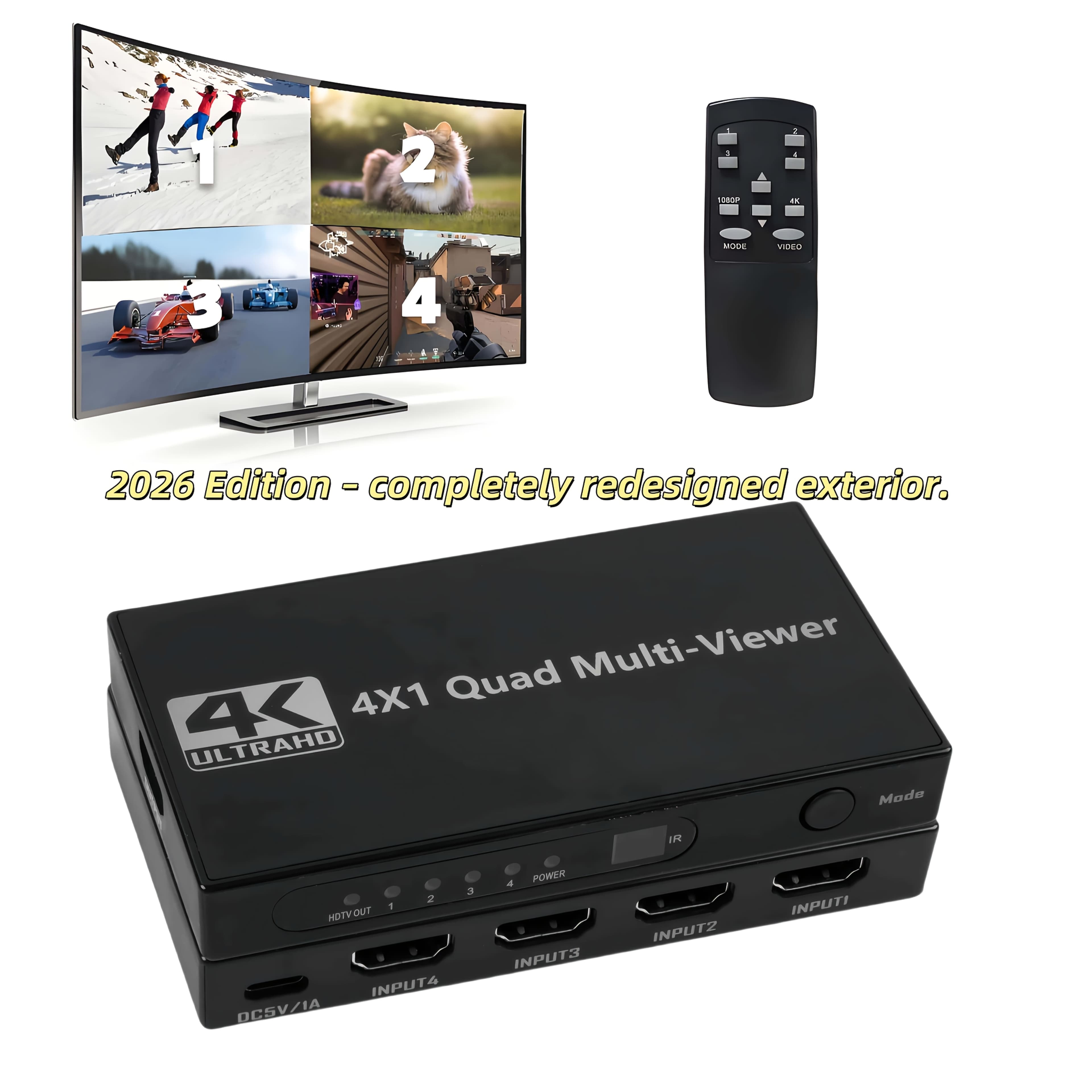 TEMU [4k Multi-viewer] 4k@ 1pc Hdtv Multi-viewer Switcher - Seamless 4x1 Output With 5 Display - Push Button Control, Ir Remote Included, No Battery Required For Tv/pc/stb/dvd