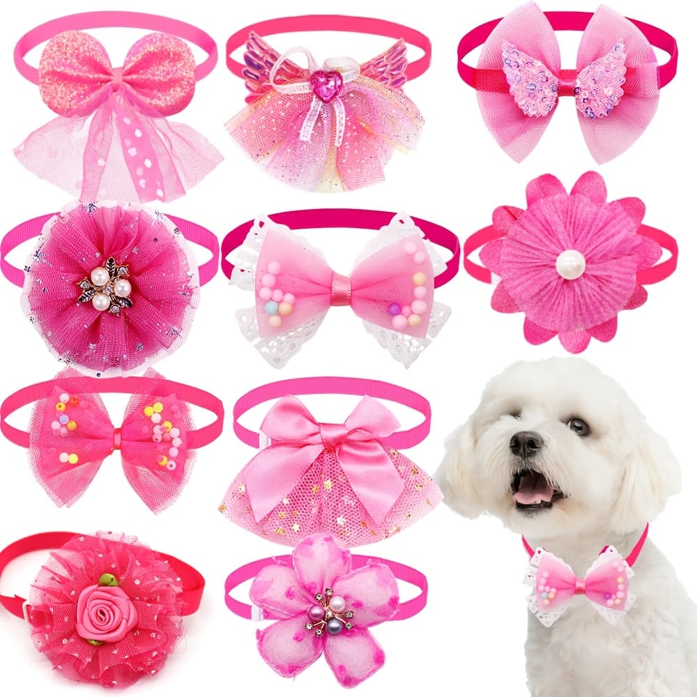 TEMU 10pcs Vibrant Dog Bow Ties - Adjustable Polyester Collars With Flower & Diamond Accents, Cute Cat Necklaces For Spring Grooming, Small To Medium Breeds, Pet Accessories | Gear | Knit Texture
