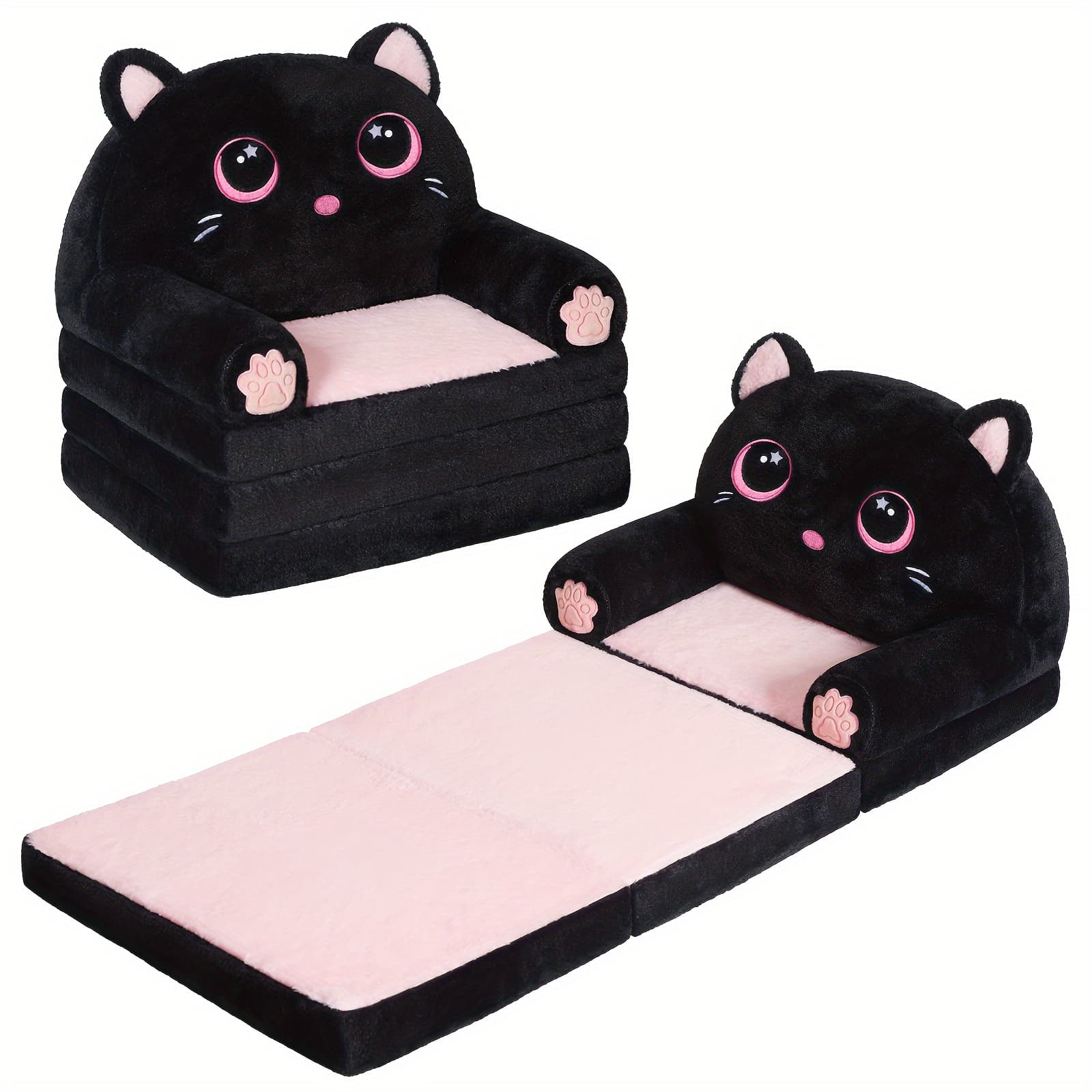 TEMU Kids Sofa 2-in-1 Foldable Velvet Memory Foam Chair Cat Lounger For Reading Relaxing Playroom Furniture Girls Room Decor Cat Theme Bedroom