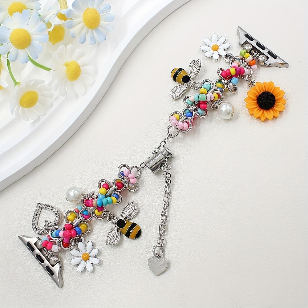 TEMU 1pc Floral Beaded Watch Band Charm, Fashionable Sunflower & With Golden Clasp, Fits Watch Bands, Ideal For Daily Wear - Valentine's Day, Thanksgiving, Mardi Gras Gift, Flower Charm Accessory