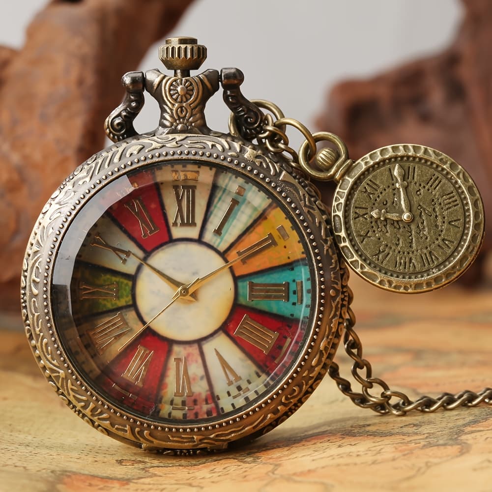 TEMU Vintage Stained Glasses Charm Quartz Pocket Watch Rome Fashion Necklace Stainless Steel Watch Souvenir Gift