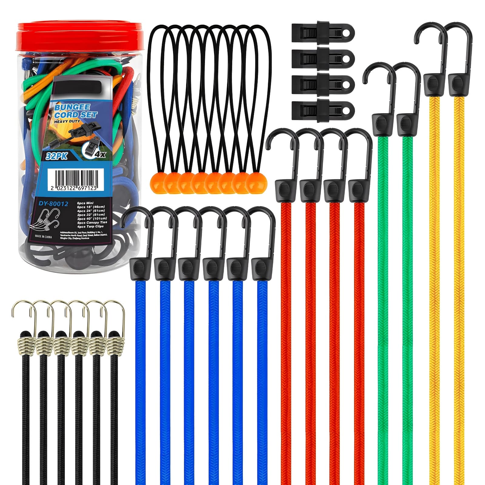 TEMU 32pcs Bungee Cords Assortment Jar Includes 10" 18" 24" 32" 40" Bungee Cord With Hooks, 8" Canopy Tarp Ball Ties And Tarp Clips
