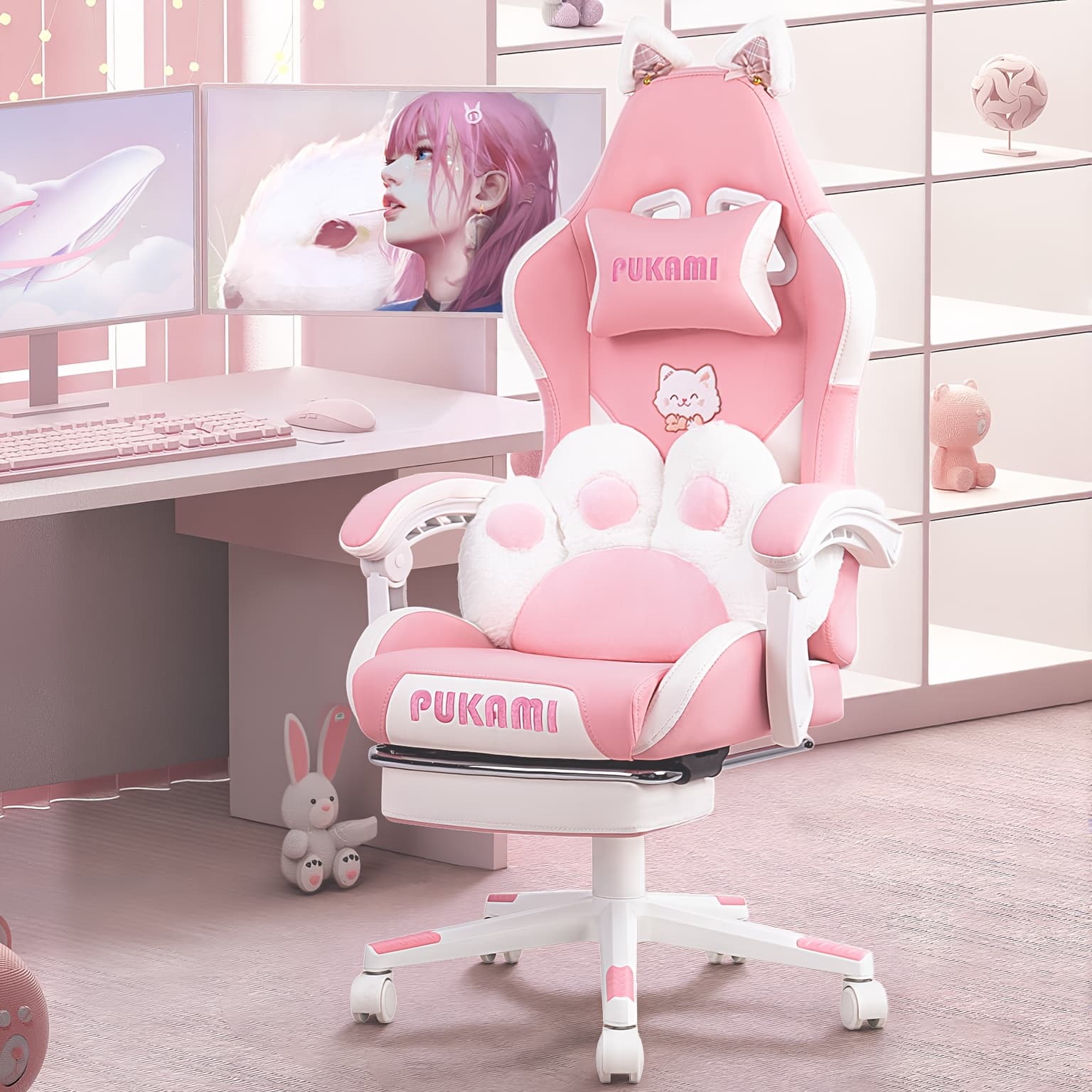TEMU Gaming Chair With Cat Ears And Cat Paw Cushion Pillow, Cute Computer Chair For Girl With Footrest, Ergonomic Gamer Chair, Kawaii Gaming Chair, Reclining Game