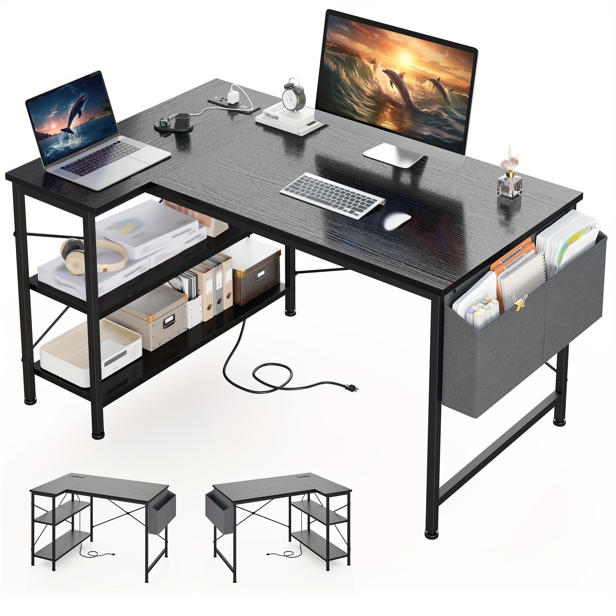 TEMU "/47.2"/55"/56" W Computer Desk With Power Outlets, Computer Desk With Storage Shelves, For Work, Multi-functional Gaming Study Writing Desk For Bedroom, Living Room, Dorm, Home Office