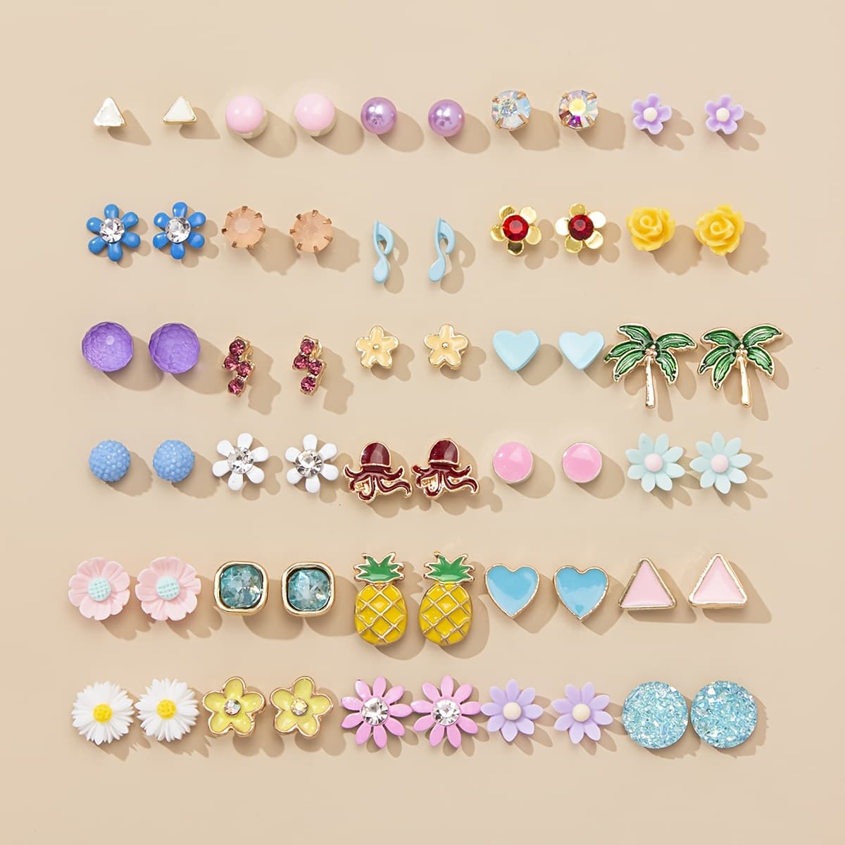 TEMU 1 Set Of 30 Pairs Heart Small Daisy Pineapple Note Gypsophila Ladies Stud Earrings Set Holiday Gift Jewelry Daily