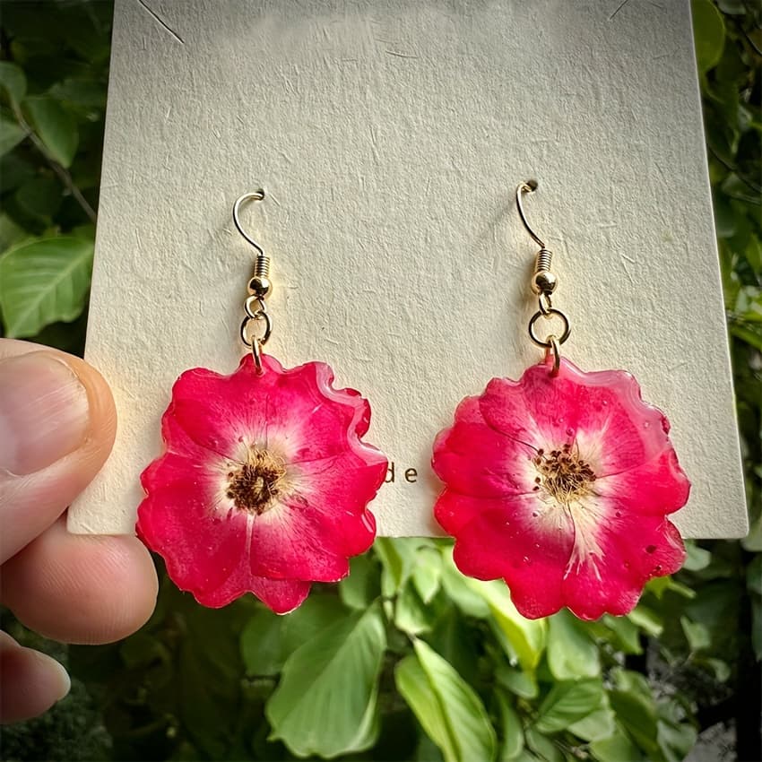 TEMU 1 Pair 14k Golden Plated Earrings, Hand-pressed Resin Earrings, Red Rose Drooping Pendant Earrings, Birthday And Christmas Gifts For Your