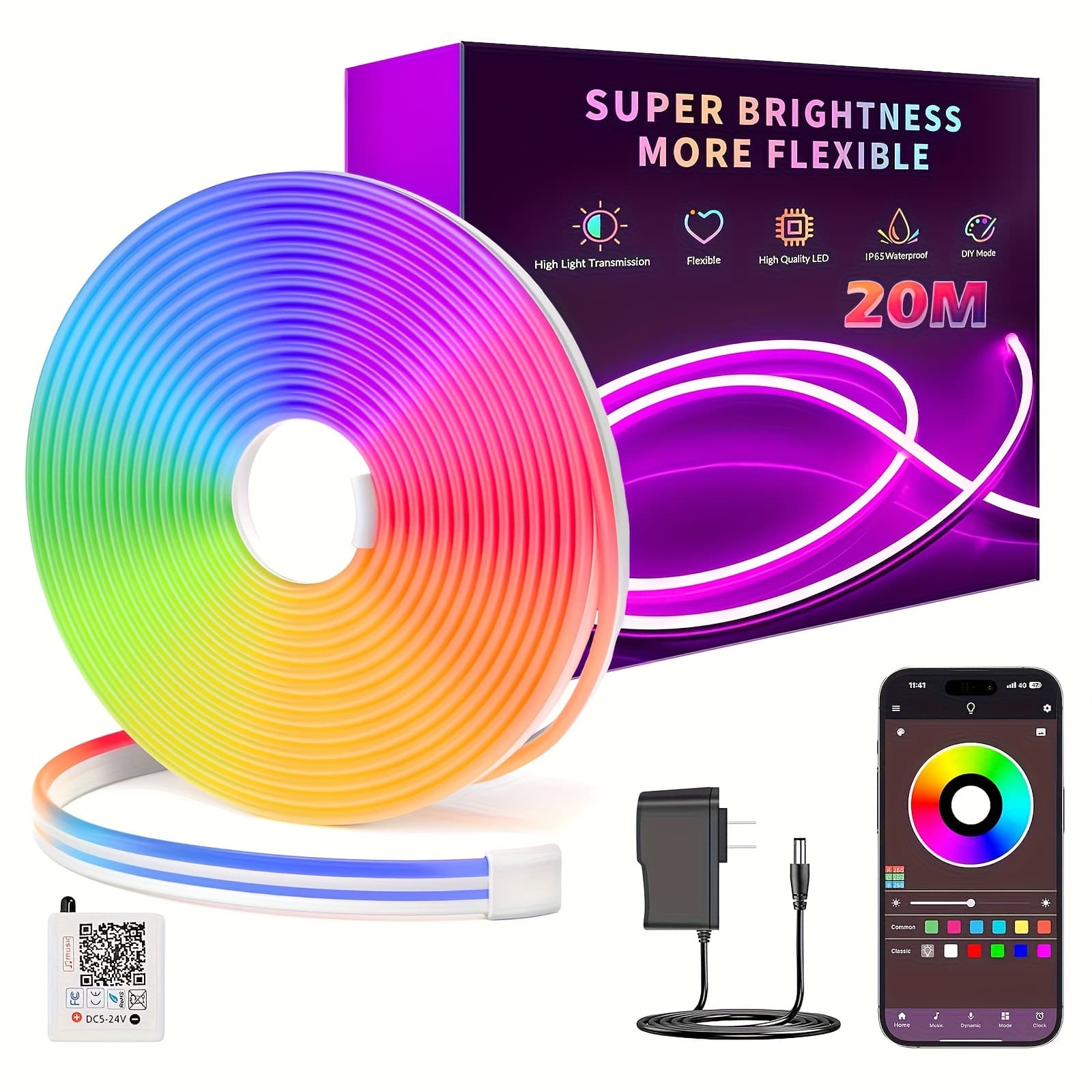 TEMU Led Neon Strip Lights 66ft, App Voice Control Works, Rgbic Color Changing Rope Light, Ip65 Waterproof For Indoor Outdoor Party, Bedroom, Kitchen Decor