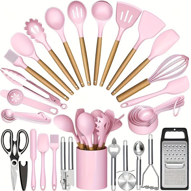 TEMU Kitchen Utensils Set - 35/36pcs Silicone Cooking Utensils With Rack, Heat Resistant Kitchen Utensils Shovel Set, Suitable For , In Colors Wooden Handle Kitchen Tools Set.