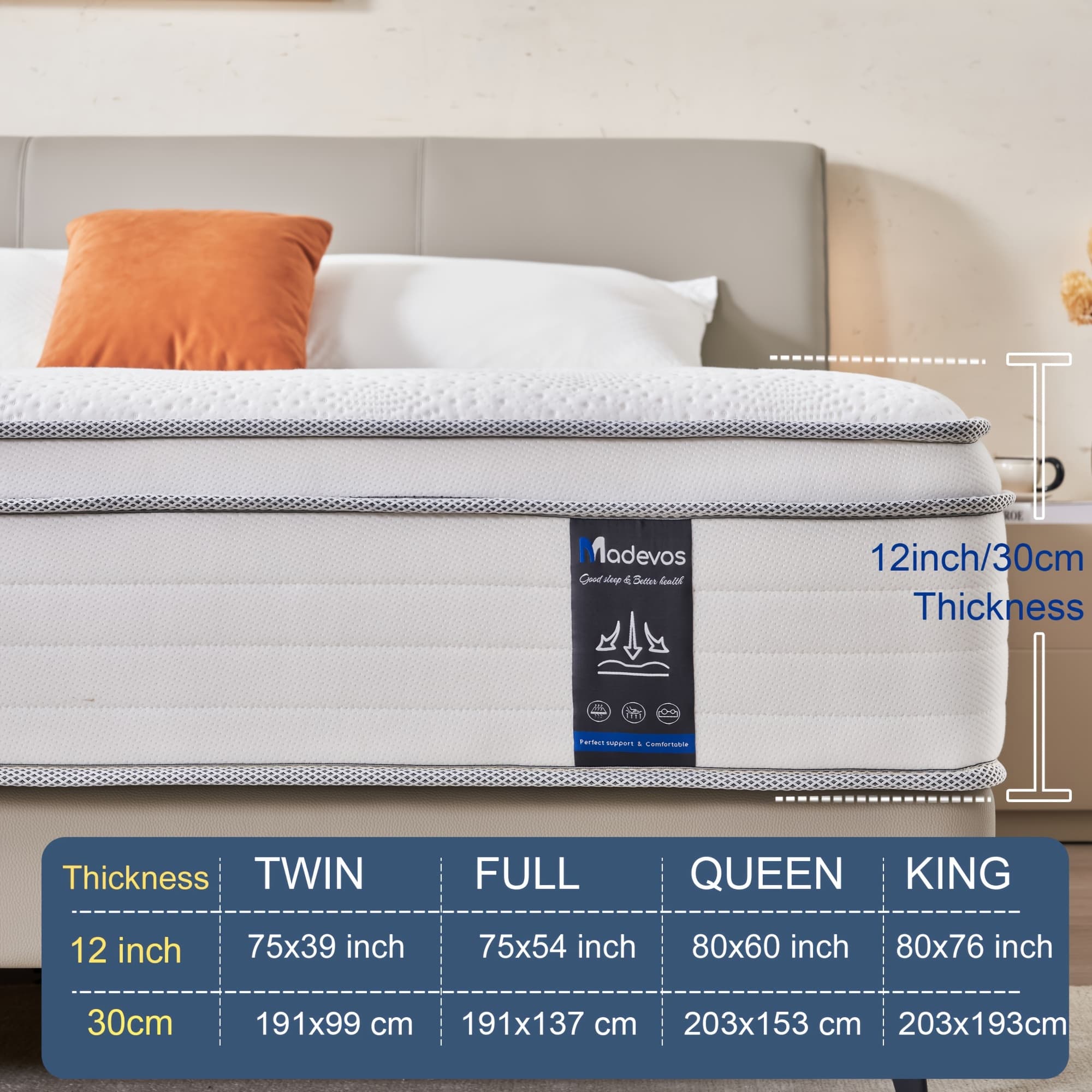 TEMU 10/12 Inch Mattress Twin Full Queen King Size Memory Foam - , Medium Firm Hybrid Mattress, Luxurious With Pocket Springs, Grey Quilted Cover, Colchones Para Cama