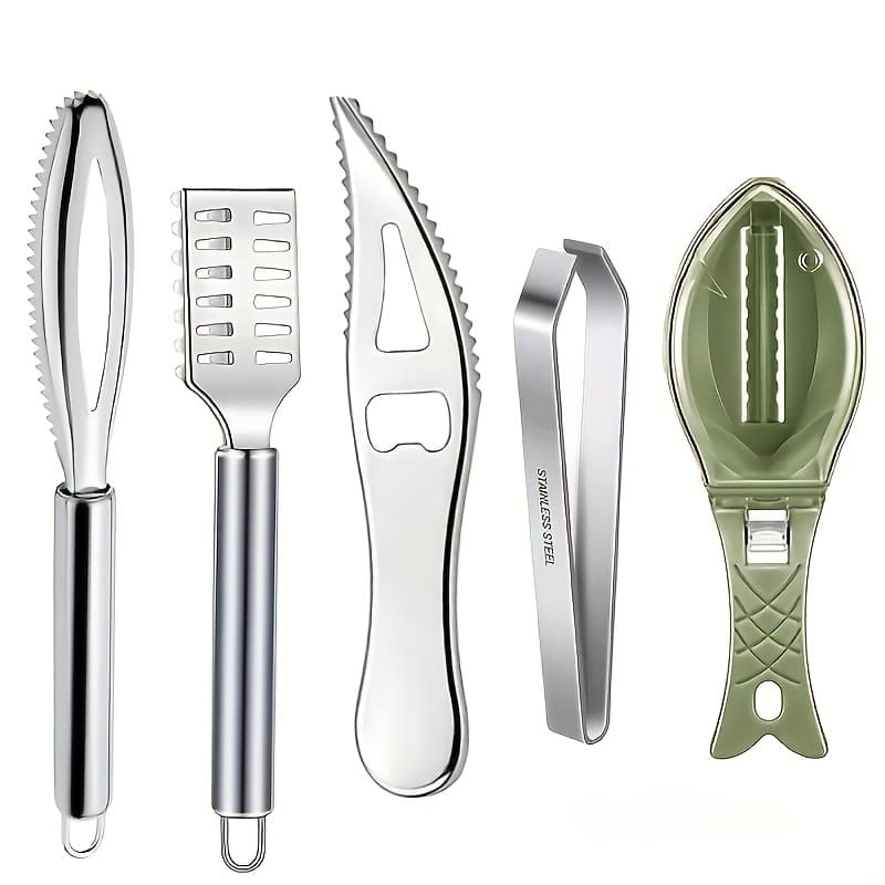 TEMU 5pcs Set Of Professional Stainless Scaling Tools, Including A Scraper, Brush With A Bottle Opener, And Tweezers For Fish Bones - Ideal For Use In Kitchens, Markets, And Restaurants