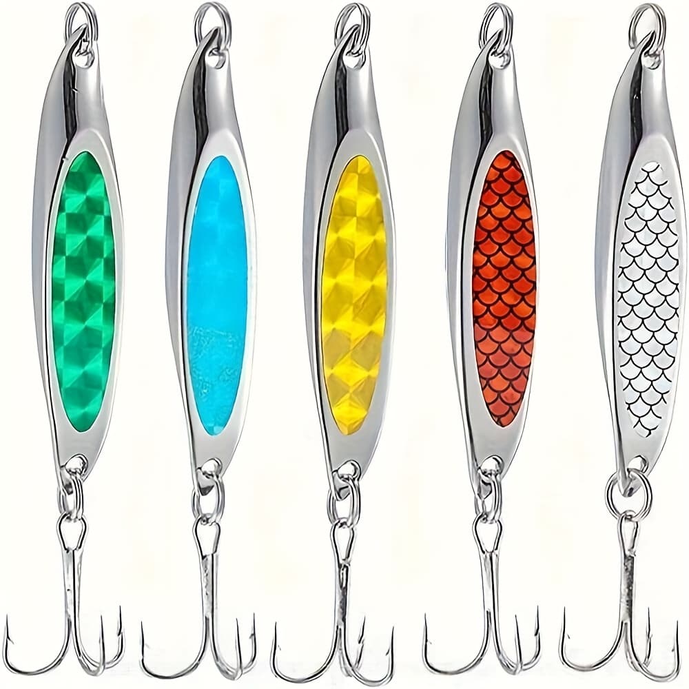 TEMU 5pcs Slant Cut Glitter Lure, Metal Spoon With 3pcs Treble Hooks, Suitable For Long Throw Lure Hard Bait, For , Trout And More
