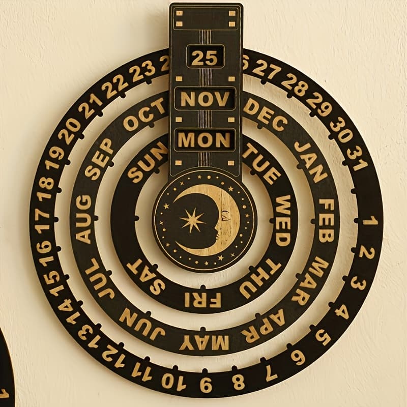 TEMU 1pc Handcrafted Wooden Perpetual Calendar - Vintage Circular Wall Art For Decor, High-quality Recycled Wood, Manual Rotation With Special Date , No Electricity Needed, Nostalgic Design, Materials
