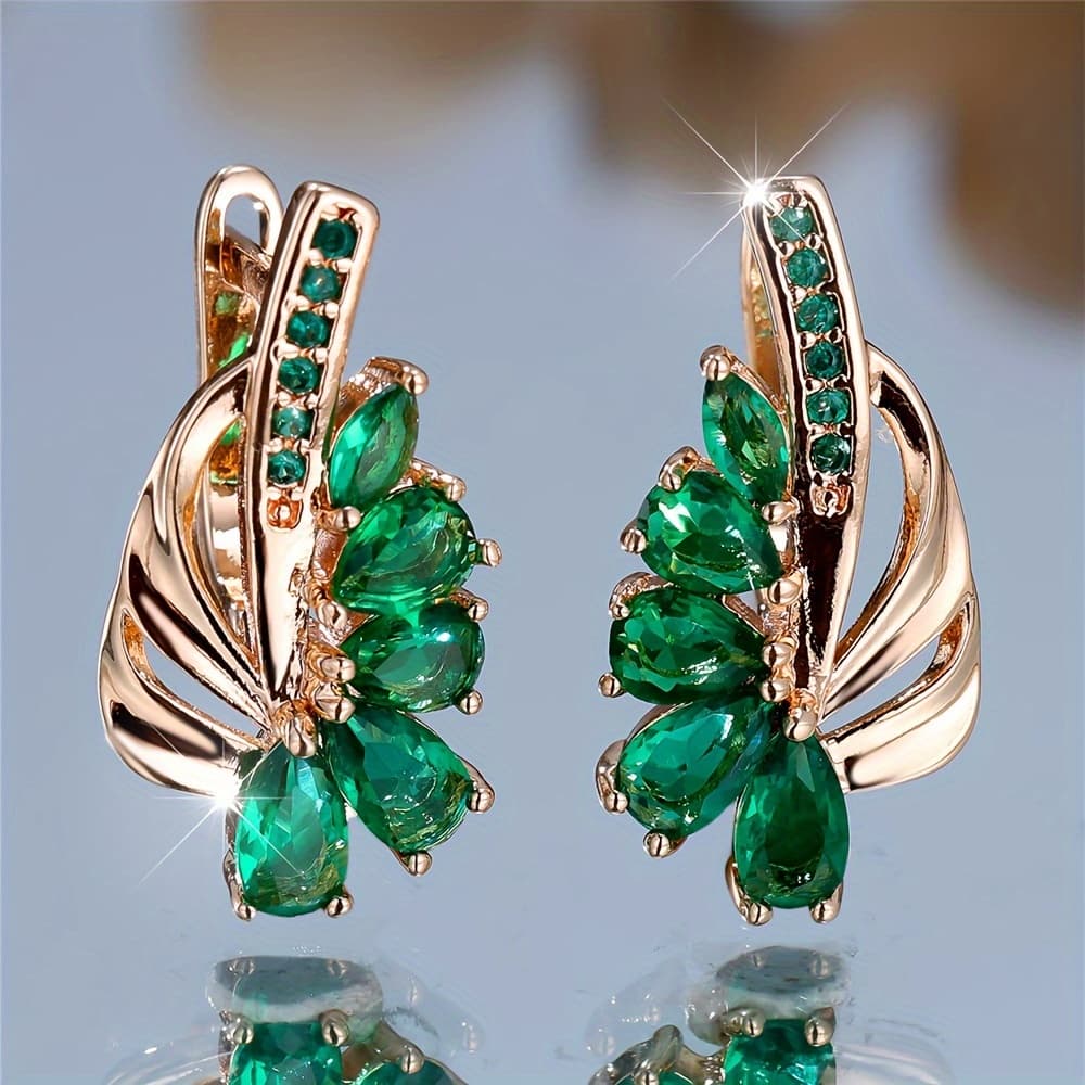 TEMU 1 Pair Kc Golden Plated Elegant Green Leaf Drop Earrings For Women Tear Drop Earrings Bride Wedding Fine Jewelry