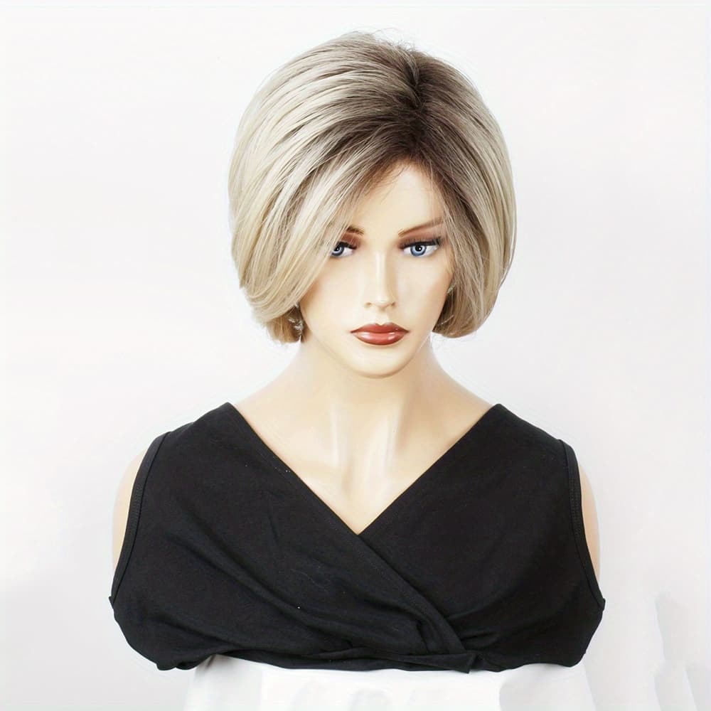 TEMU 10-inch Short Gradient Golden Bob Wig With Bangs, Straight Layered Cut, Suitable For Women And ' Daily Use