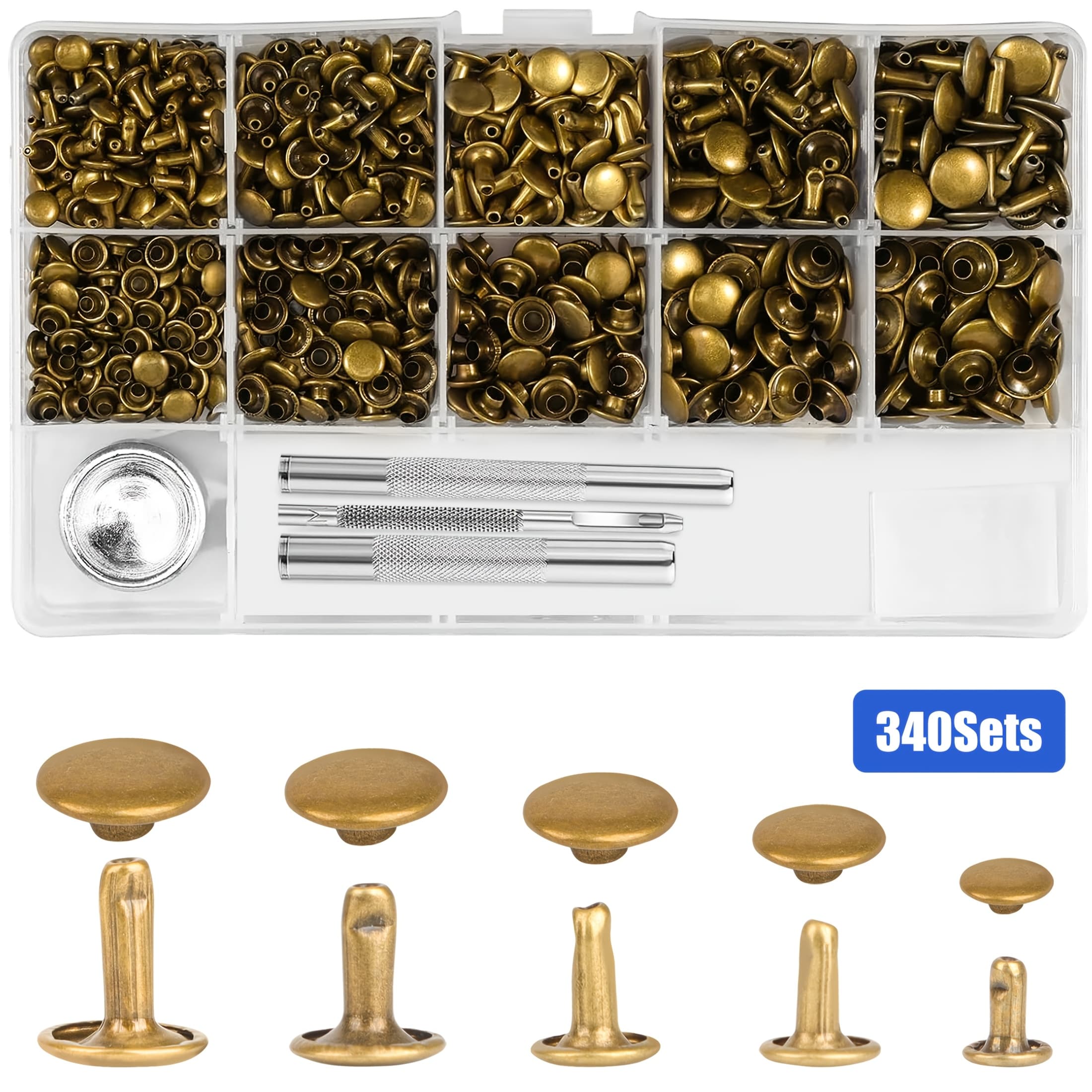 TEMU 340 Set Leather Rivets Kit, 5 Sizes Studs With Hand Install Tools For Diy Leather Craft, Clothes, Belt Repair