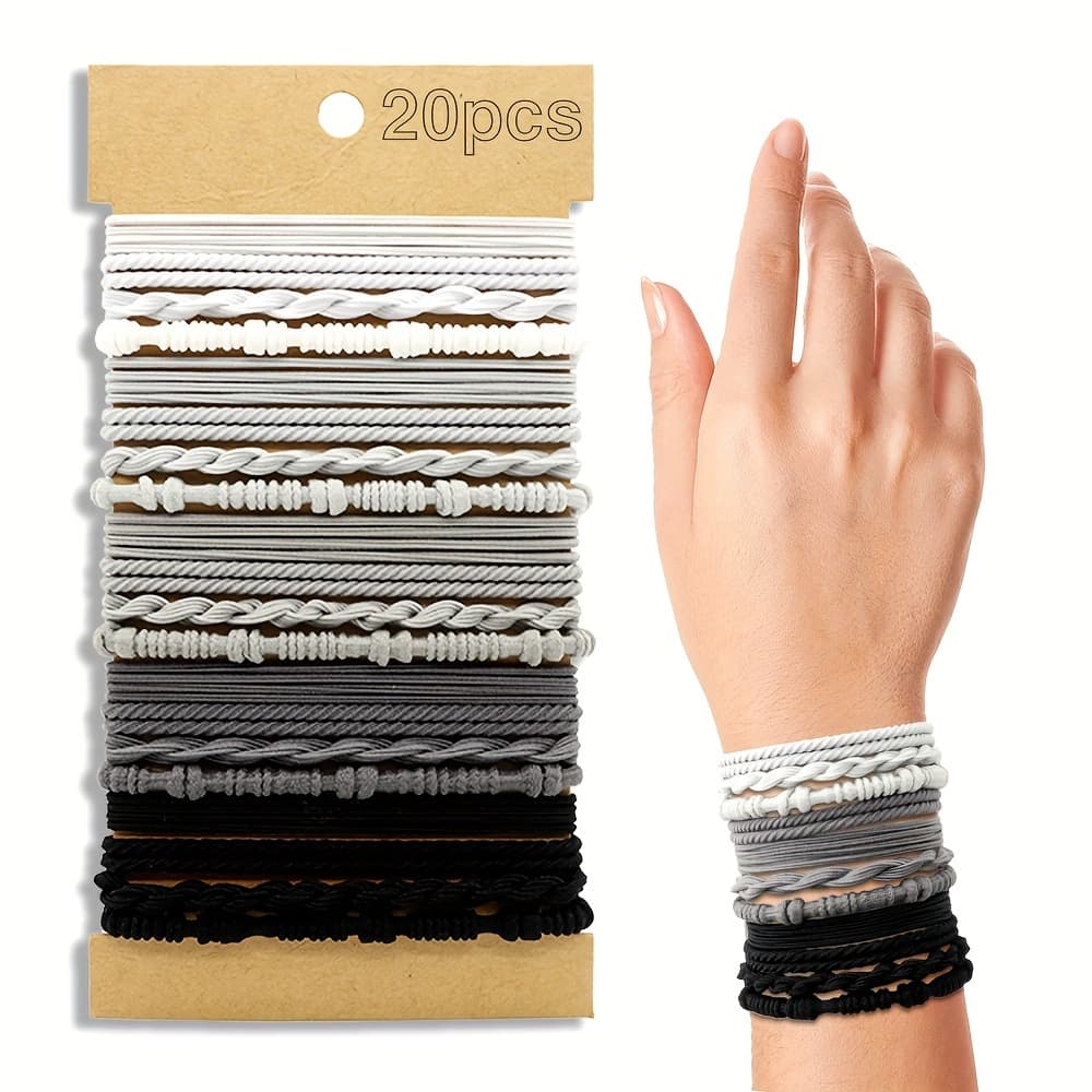 TEMU 20pcs Women's Bohemian Style Bracelet Hair Ring Gray- No Damage Elastic Hair Band, 4 Styles Ponytail Hair Band