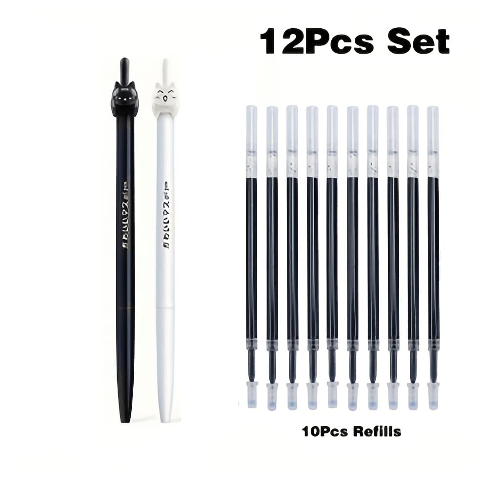 TEMU Black Cat Tail Gel Pen, 0.5mm, Colorful Cat-themed Retractable Mechanical Pen, Writing And Office Supplies, Premium Writing Instrument (2 Pens + 10 Refills)