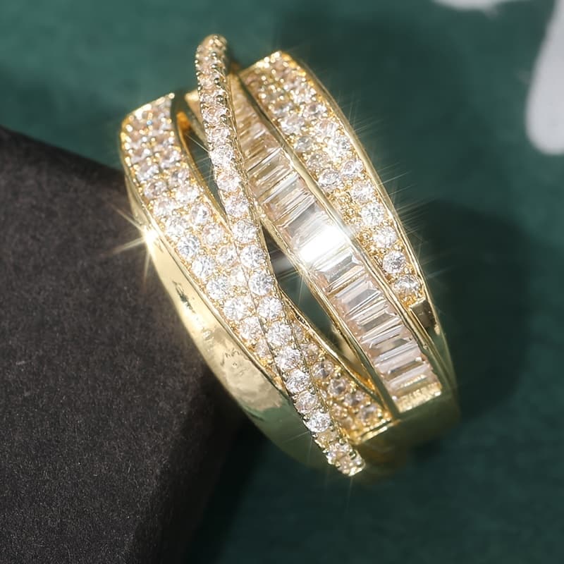TEMU 1pc Copper Elegant Multi-layered Ring With Sparkling Synthetic Synthetic Zirconia, April Birthstone, Luxurious Fashion Statement Jewelry For Parties And Banquets, Valentine's Day Gift For Women