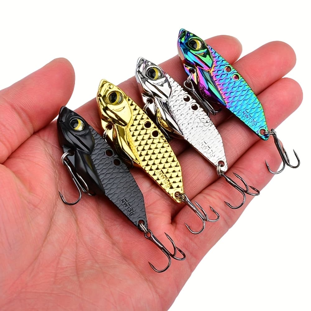 TEMU [4pcs Vibration Spinner Lure] 4pcs 5g/7g/10g/13g Vibration Spinner Lure, Long Casting Metal Spoon Lure, Sinking Jig, Long Casting Vib Fishing Lure - Artificial Bait