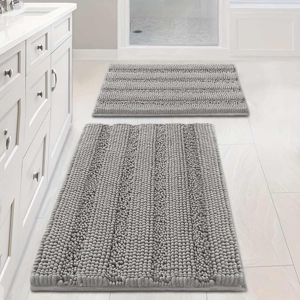 TEMU Aierjia Bathroom Rugs, Set Of 2 Thick Chenille Striped Shaggy Bath Mats For The Bathroom, Non-slip Mats For Bathroom Flooring (32 X 20 And 24 X 17 Inches)