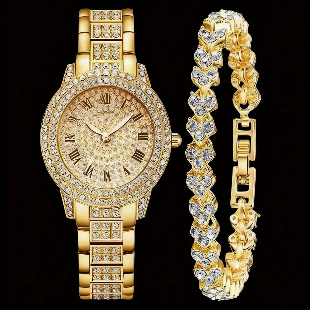 TEMU 2pcs/set Stylish Watch And Bracelet Set, Elegant Women's Quartz Watch And Jewelry Set, Best Gifts For Female Ladies Clock