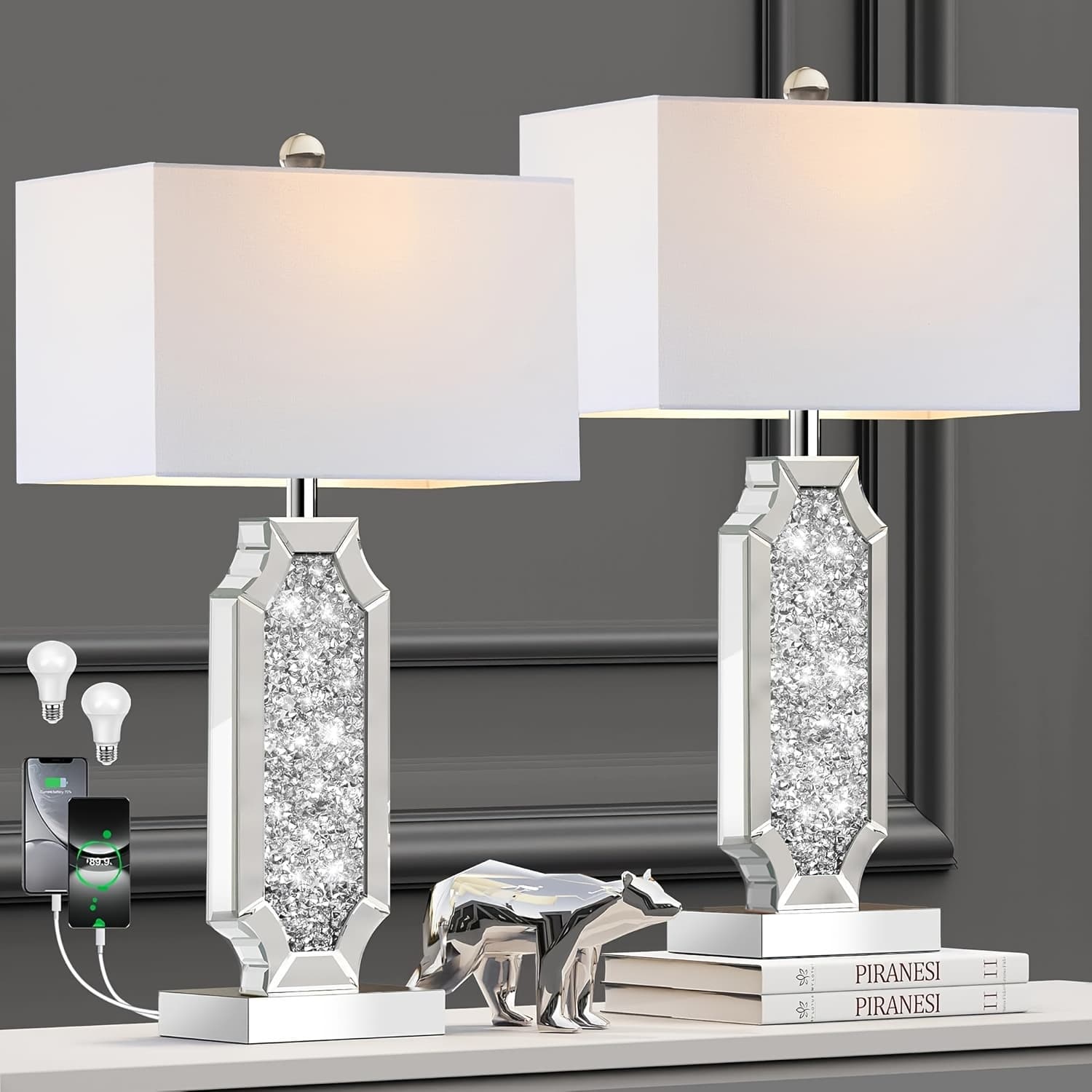 TEMU 2pcs Set 3-way Dimmable Diamond Crush Mirror Bedside Table Lamp, Suitable For Living Room, Bedroom, Study, Etc., With Usb A+c Port, Tall Silvery Modern Shiny Bedside Cabinet Light With 2 Bulbs