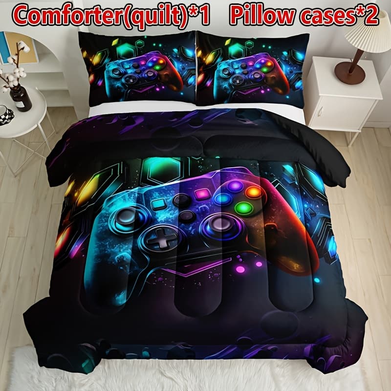 TEMU 3pcs Kid Thickened Quilt Set Game Controller Pattern Fabric Suitable & Maintenance Twin/full/queen/king Multiple Sizes Back-to- Dormitory Bedroom Decoration