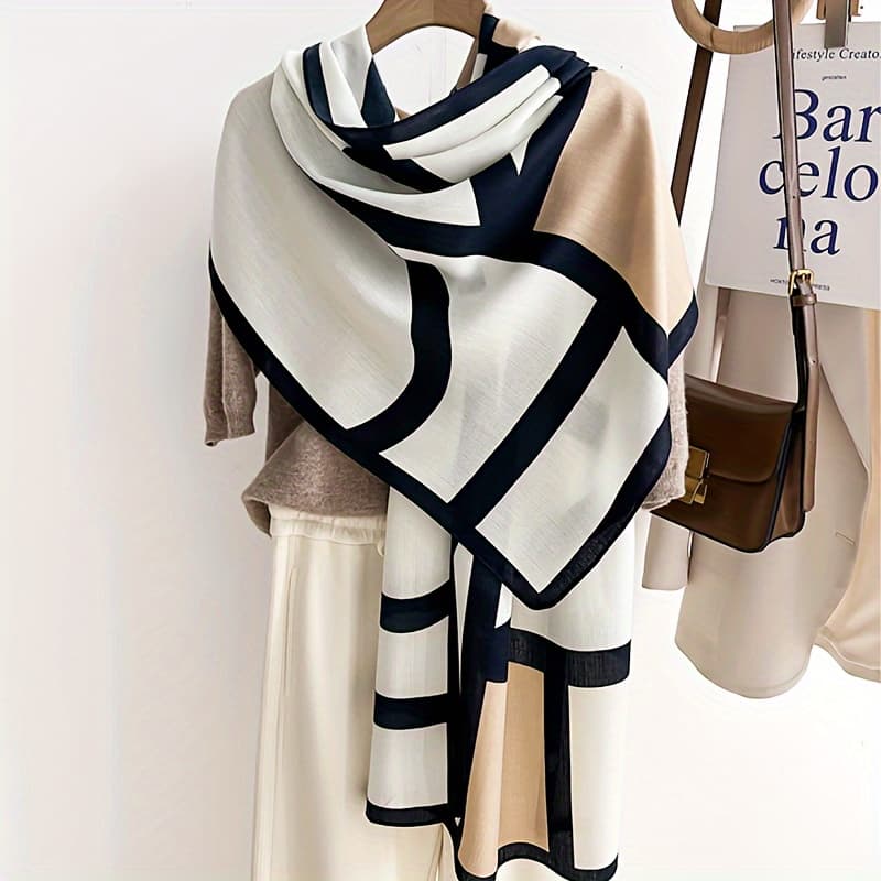 TEMU Stylish Women's Color Block Scarf - Soft And Breathable Viscose Shawl With And Windproof Features, Ideal For Casual And Travel, Featuring A Chic , Easy To Hand-wash
