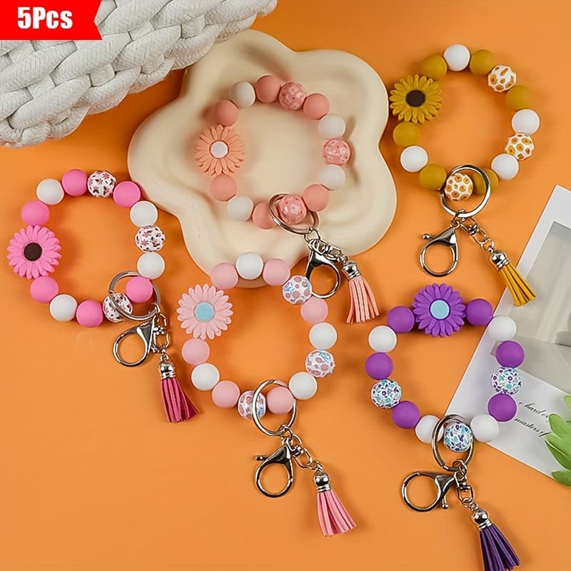 TEMU A 5pcs Collection Featuring A Daisy Flower Silicone Keychain And Printed Wooden Beads, Ideal For Holiday Gifting