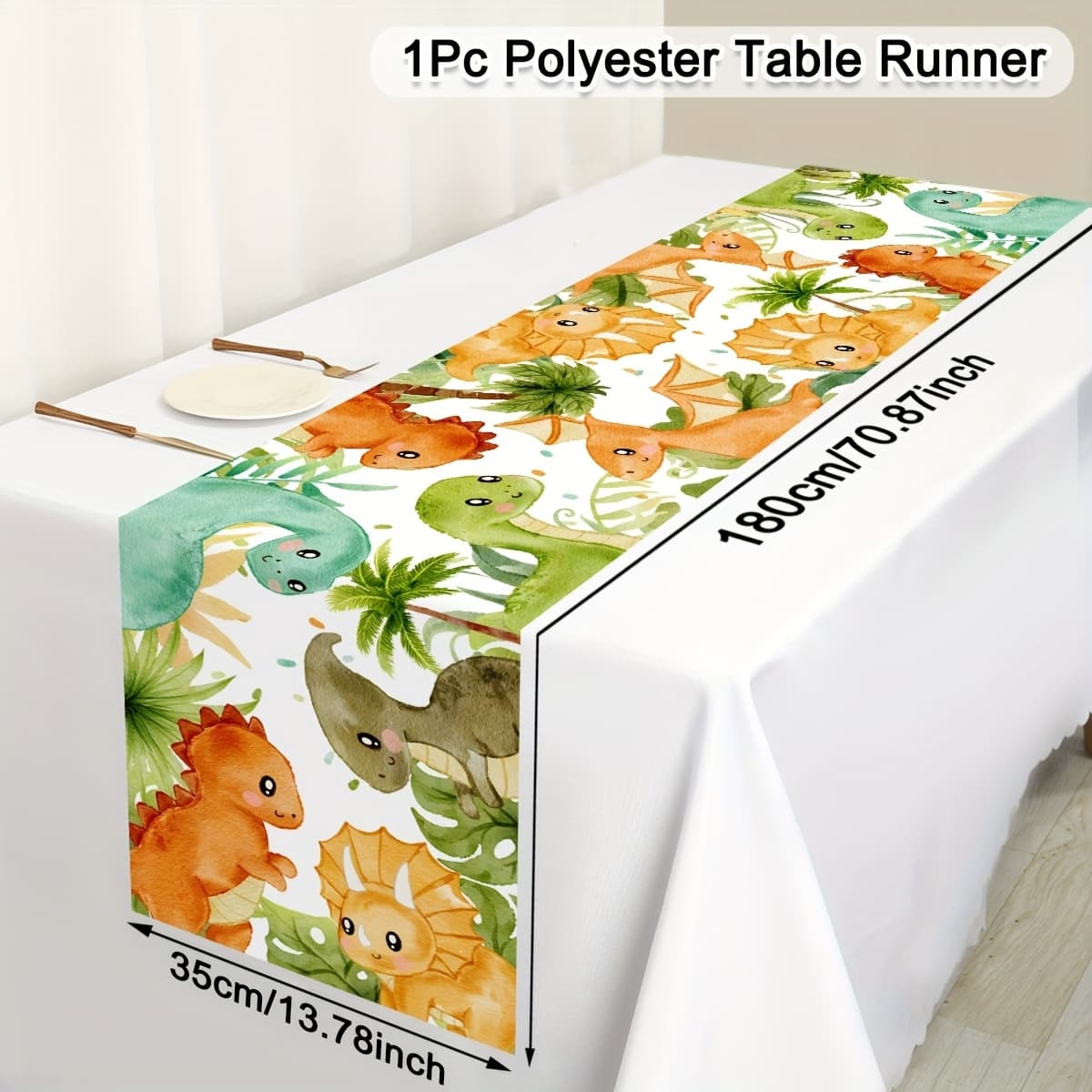 TEMU 1pc, Dinosaur Table Runner, 35*180cm Polyester Jungle Watercolor Dinosaur Party Table Cover, Perfect For Dino Theme Birthday Parties, Showers, 1st Birthday Party, Dinosaur Party Supplies