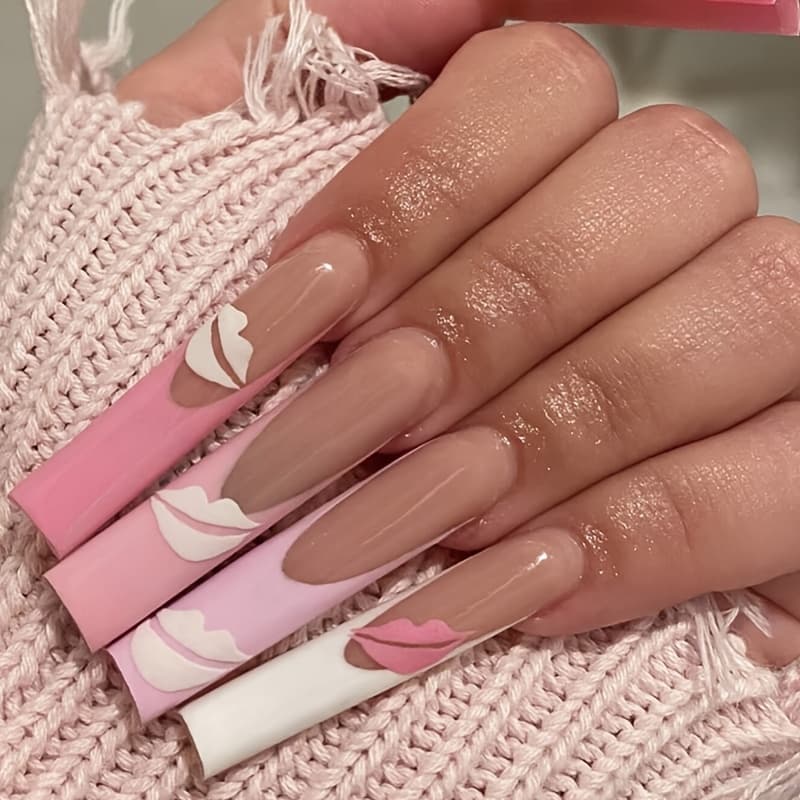 TEMU 24pcs Pink Y2k French Extra Long Pipe-shaped Press-on Nails With And Lines, Includes Nail File And Jelly Glue, Reusable And Detachable Nail Set