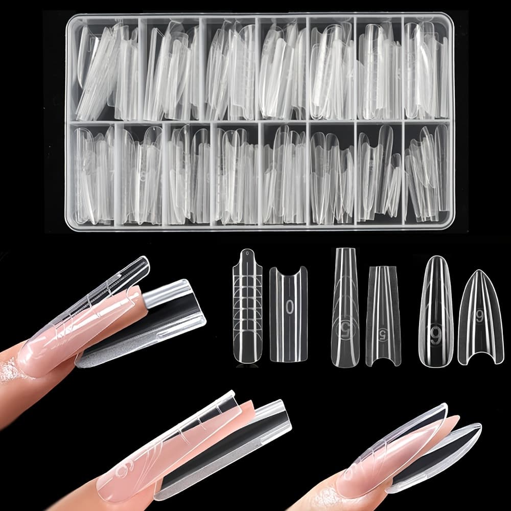 TEMU 168pcs Multi-nail Shape Combination With Layered Nail Extension Molds, Including Long Medium, Long Trapezoidal, And Oval Shapes, Packaged In Different Sizes, Suitable For At Home, Gel,