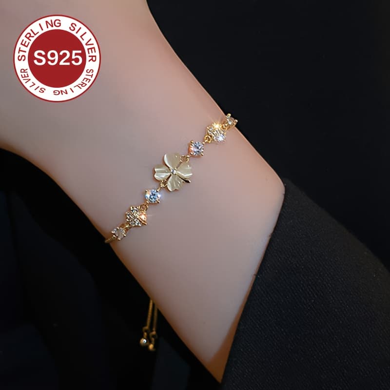 TEMU An Elegant 925 Sterling Silver Bracelet With 18k Gold-plated Clover Pendant, Cubic Zirconia , Adjustable Stretch, Anti-oxidation, Suitable For Daily Wear And Special Occasions, 's Day Jewelry