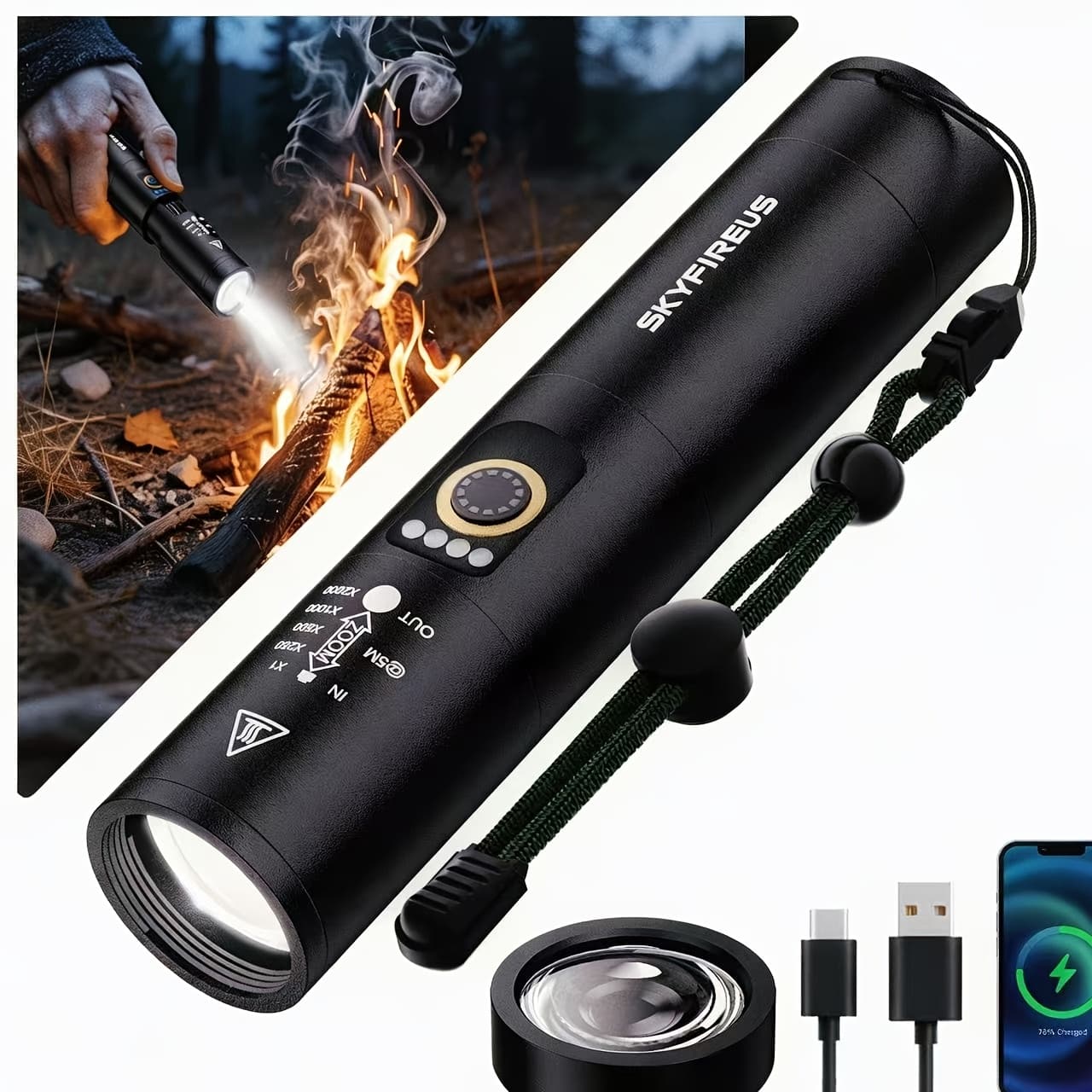 TEMU Rechargeable Flashlight With Ignition Lens, High Tactical Flashlights High , 5 , Camping Flash Light For Outdoor