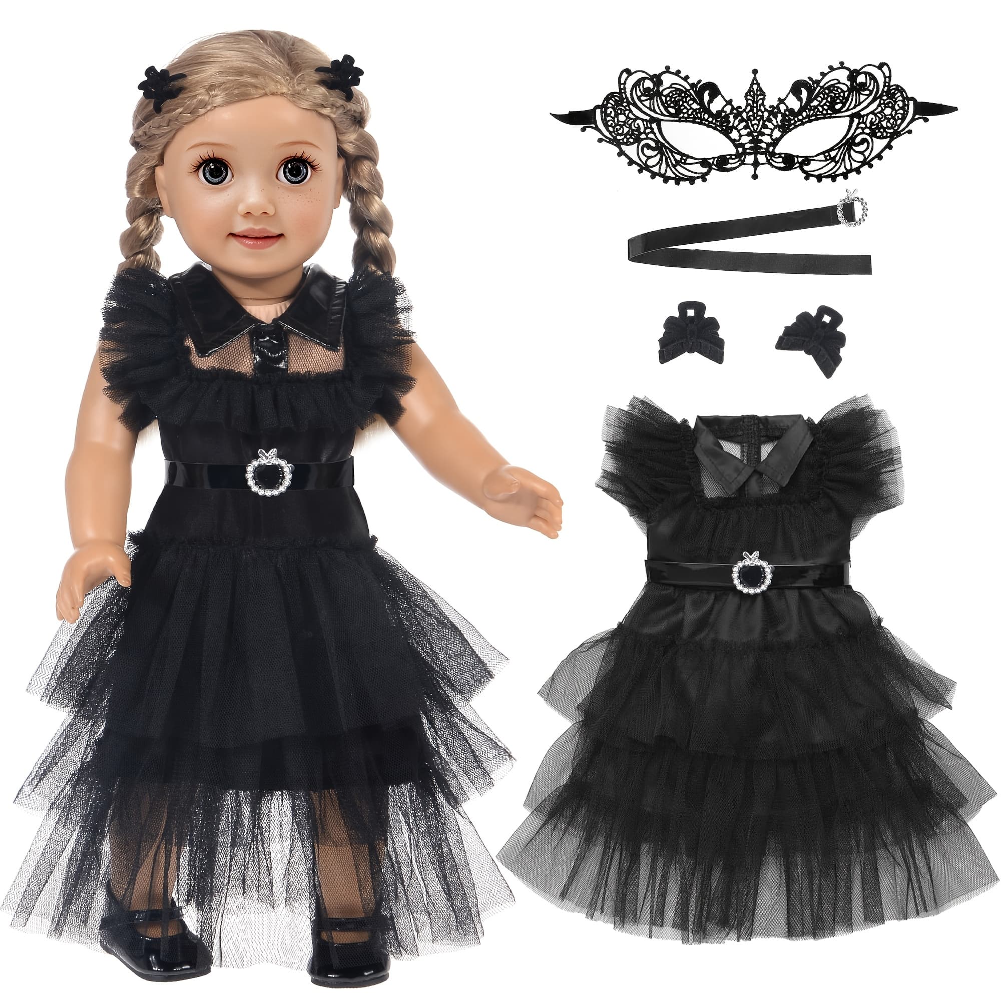 TEMU 18 Inch Doll Clothes (no Doll)- Inspired Party Movie Halloween Costume Black Tulle , With Black Bow Hair Clip. Festival Gift For Kids Aged 3+