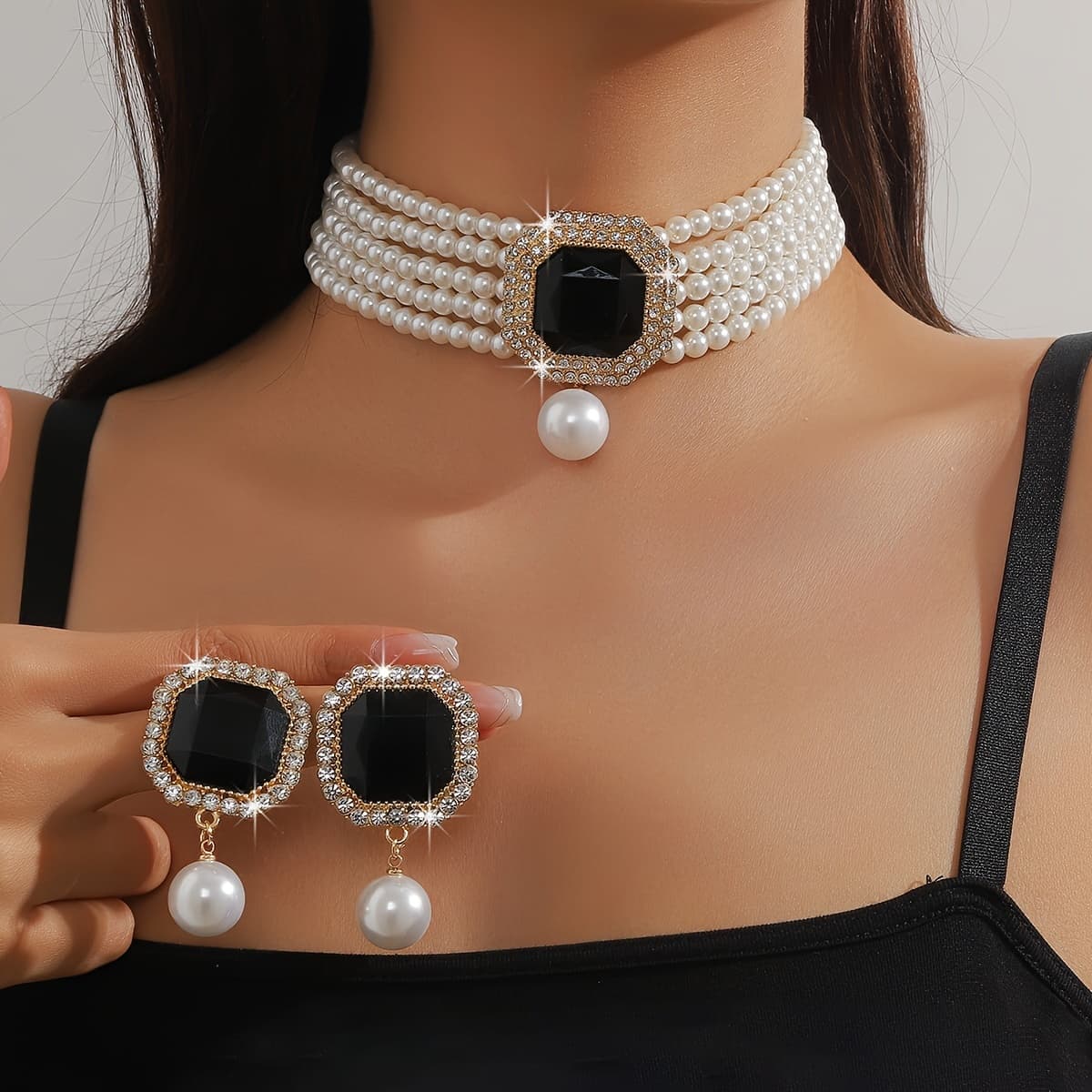 TEMU Classic 3pcs Jewelry Ensemble For Women Featuring A Pearl Necklace And Earrings, With Geometric Colorful Rhinestones - Perfect For Professional Events, Travel, Formal , Weddings, And Performances