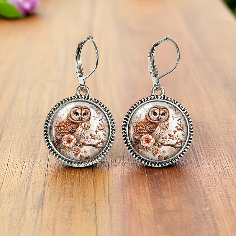 TEMU 1 Pair Flower Branch Owl Retro Earring Round Glass Dome Earrings