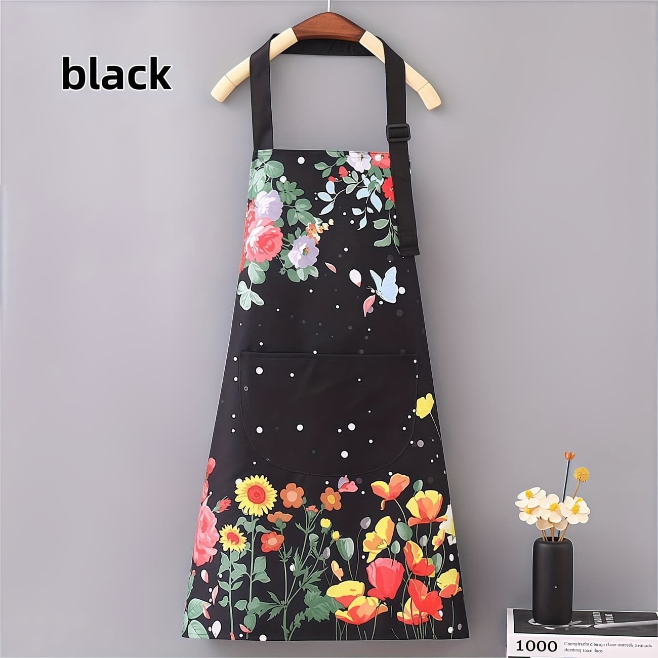 TEMU 1 Pcs Lightweight Adjustable Shoulder Strap Apron With Large Pocket, Suitable For Restaurant Dining Settings, Made Of Durable Polyester Material, In Beige And Black, Floral Pattern Apron
