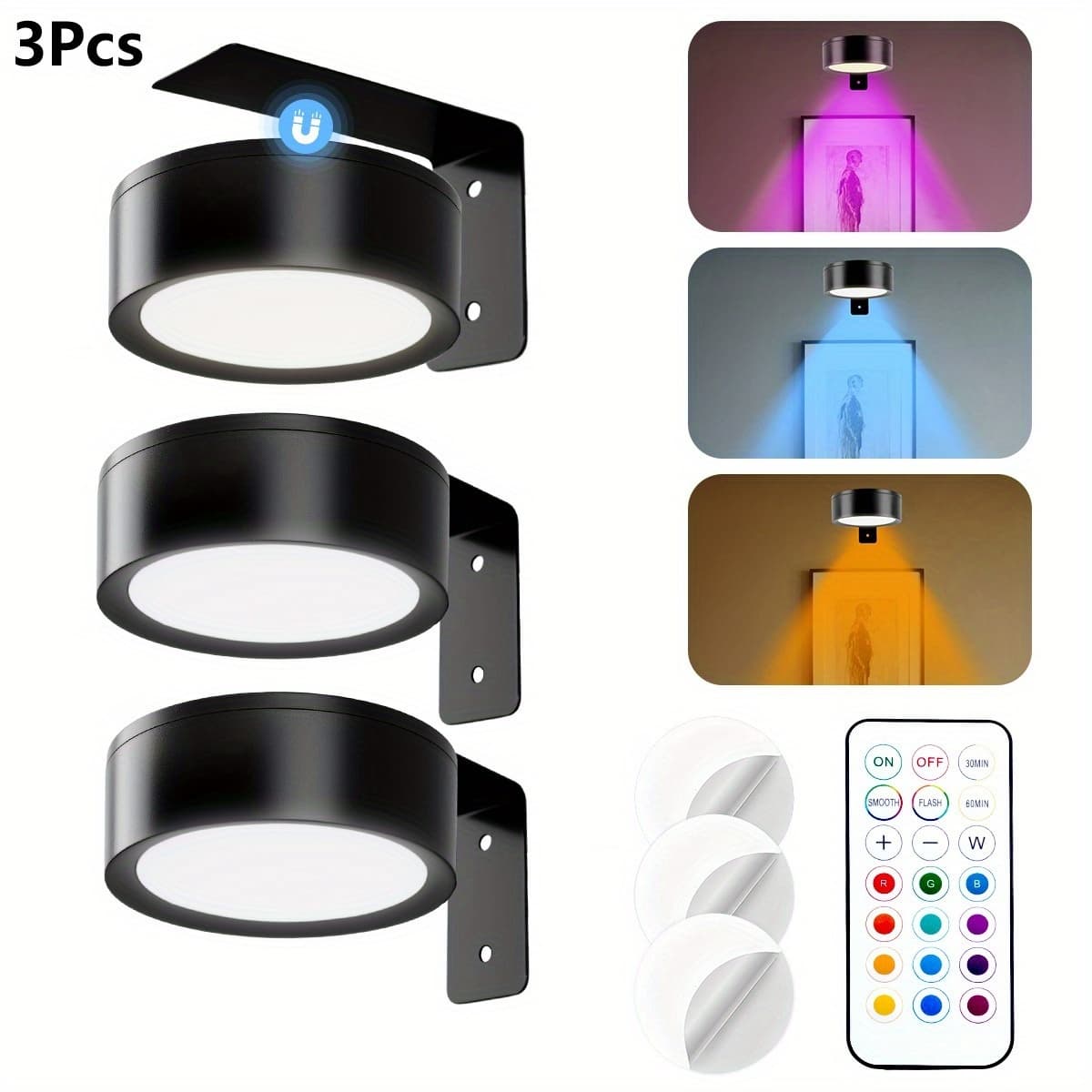 TEMU 3/6pcs Picture Light Battery Operated, 13 Rgb Color Magnetic Led Art Display Light For Picture Frame Artworking, Wireless Painting Light With Remote Control, Party Wall Decorative Lighting