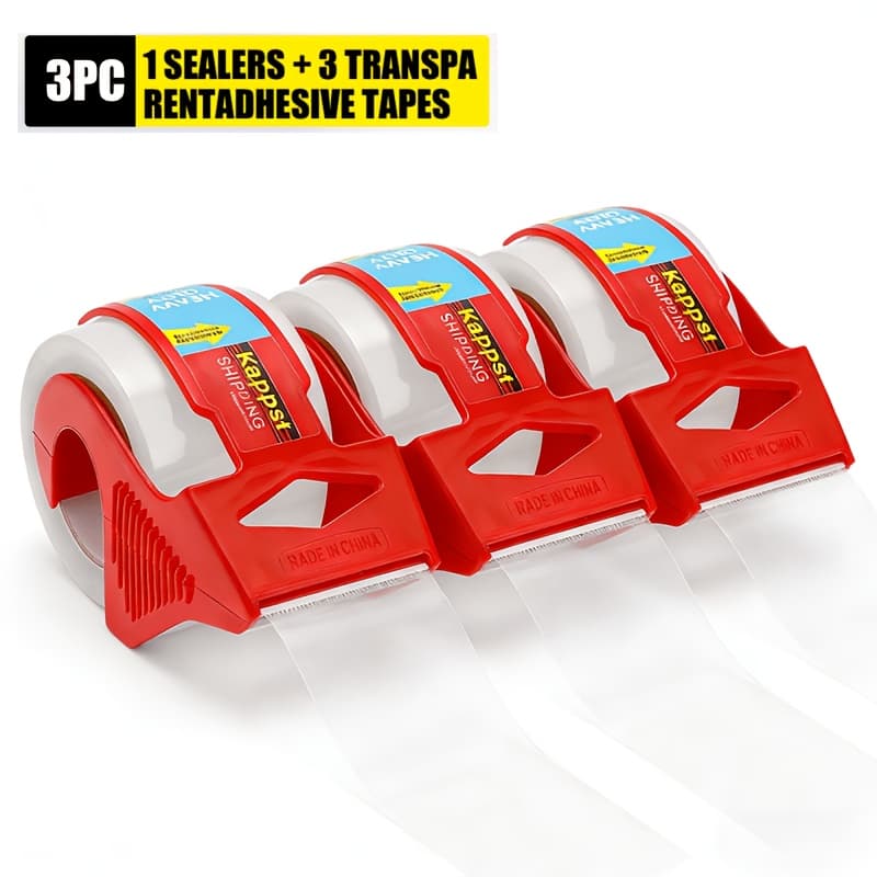 TEMU Heavy Duty Transparent Sealing Tape, 1 Sealer+3 Rolls Of Tape, Red Plastic Handheld Sealer, Packaging For Home Storage, Portable Serrated Cutting, Warehouse Sealing Tool