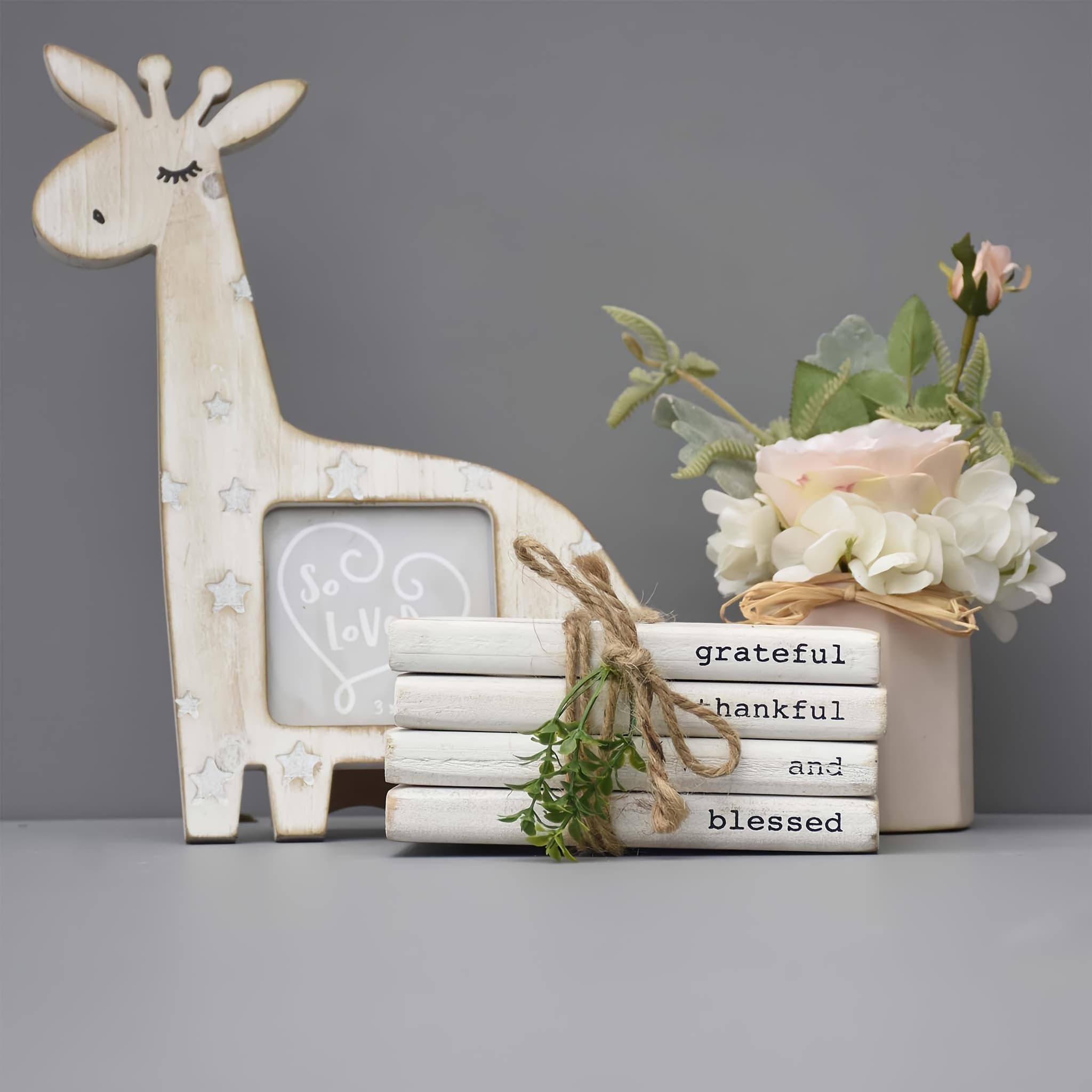 TEMU Book Stack Decorative Sign With Sayings-grateful, Thankful, Blessed, Farmhouse Small Home Decor Tied With Twine And Greenery, For Tray, Coffee Table, Shelf, Or Mantel