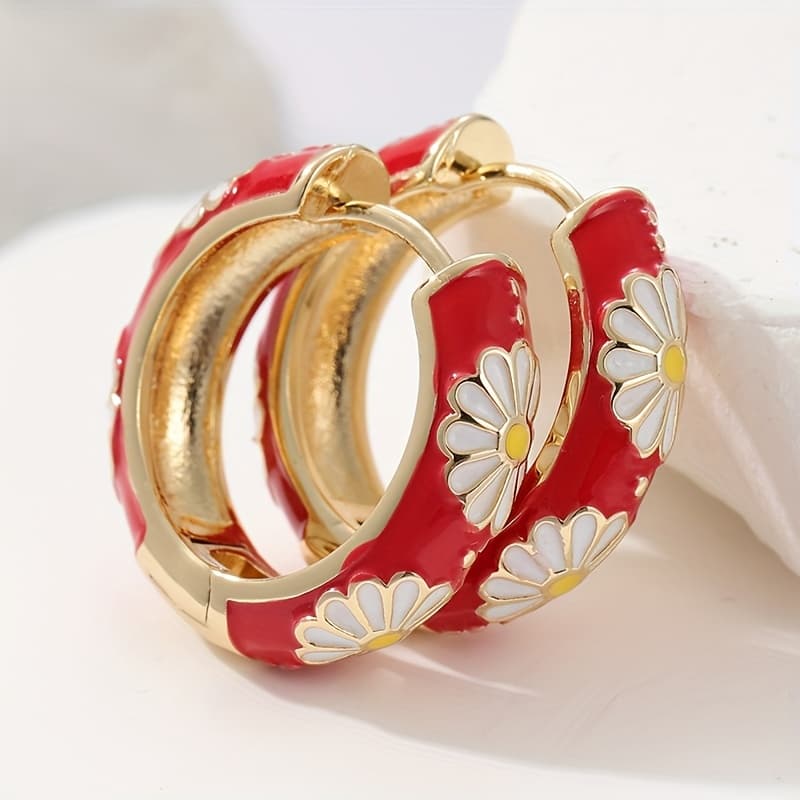 TEMU Red Floral Hoop Earring Hoop Earring Cute Hoop Huggie Earring Chunky Hoop Earring Artificial Enamel Hoop Earring Hoop Earring