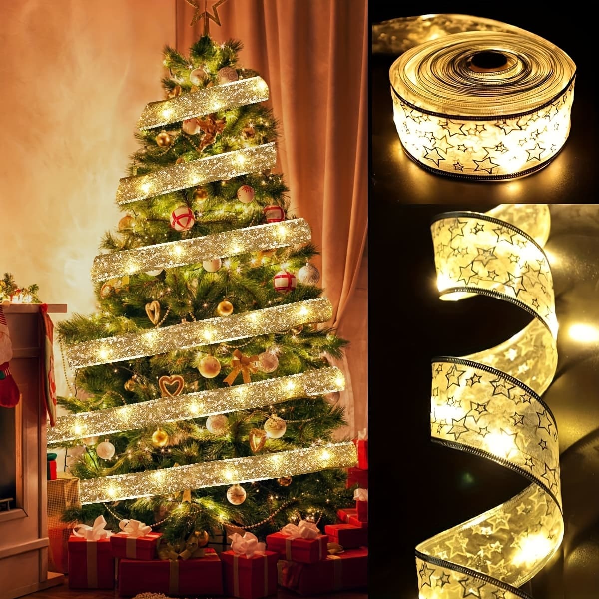 TEMU 1pack 33 Ft Christmas Ribbon Fairy Lights Golden Christmas Lights Lighted Ribbon Garland For Christmas Tree Golden Garland Christmas Decorations Indoor Party Decorations, Warm White
