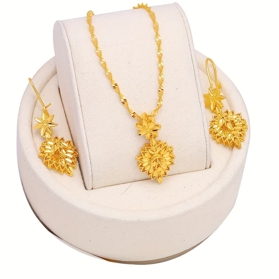 TEMU Stylish And Luxurious Versatile Wheat Design Middle East Dubai Necklace Earrings Set, Brides - Trendy Valentine's Day Gift