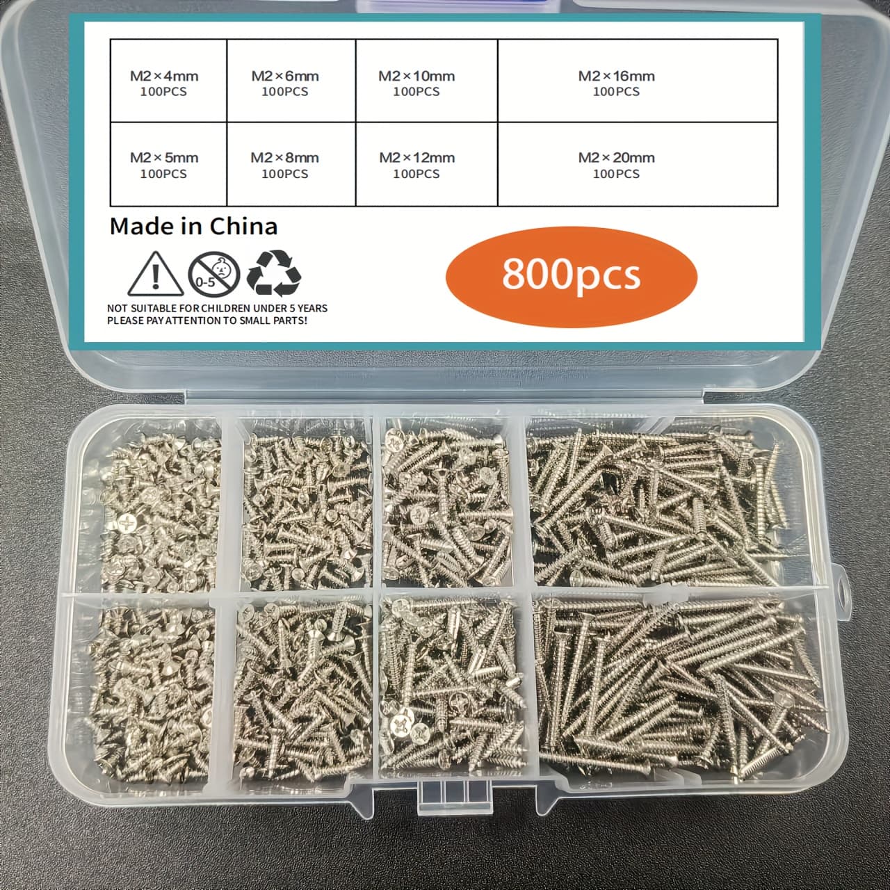 TEMU 800pcs M2 Mini Self-tapping Wood Screw Set, End, Phillips Drive, , Fully Threaded, , Steel, Assorted Sizes For Woodworking