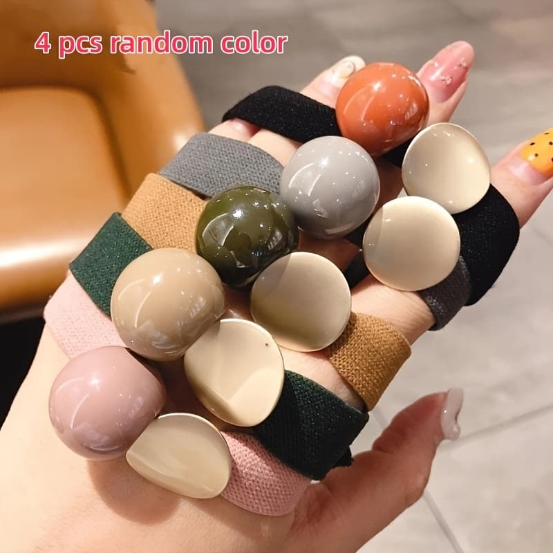 TEMU 4pcs Set Of Random -colored Round Ball Hair Ties, Wide Hair Bands For Bun Hairstyles, Simple High- Rubber Bands For Ponytails