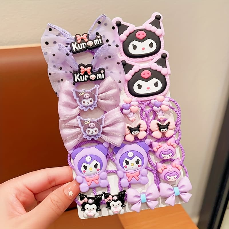 TEMU 16/18pcs Set Kuromi Inspired Elastic Hair Ties, Non-damaging Headbands With Bows, Flowers, And Cartoon Patterns - Cute Trendy Hip-hop Style Hair Additions, Colorful Fashion Additions